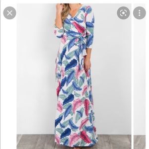 Pink Blush Maternity Wrap Dress Tropical Palm Print Large EUC